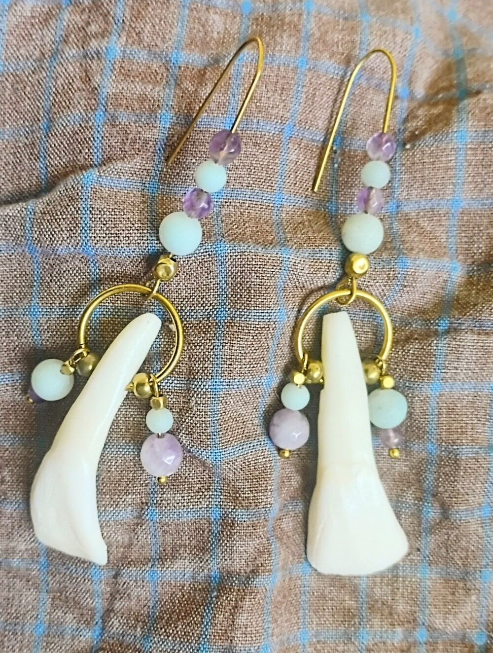 Buffalo Tooth + Amethyst And Amazonite Drop Earrings